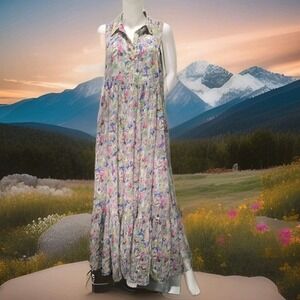 MISA Los Angeles Floral Maxi Dress L Sleeveless Tiered Button Romantic Pastel